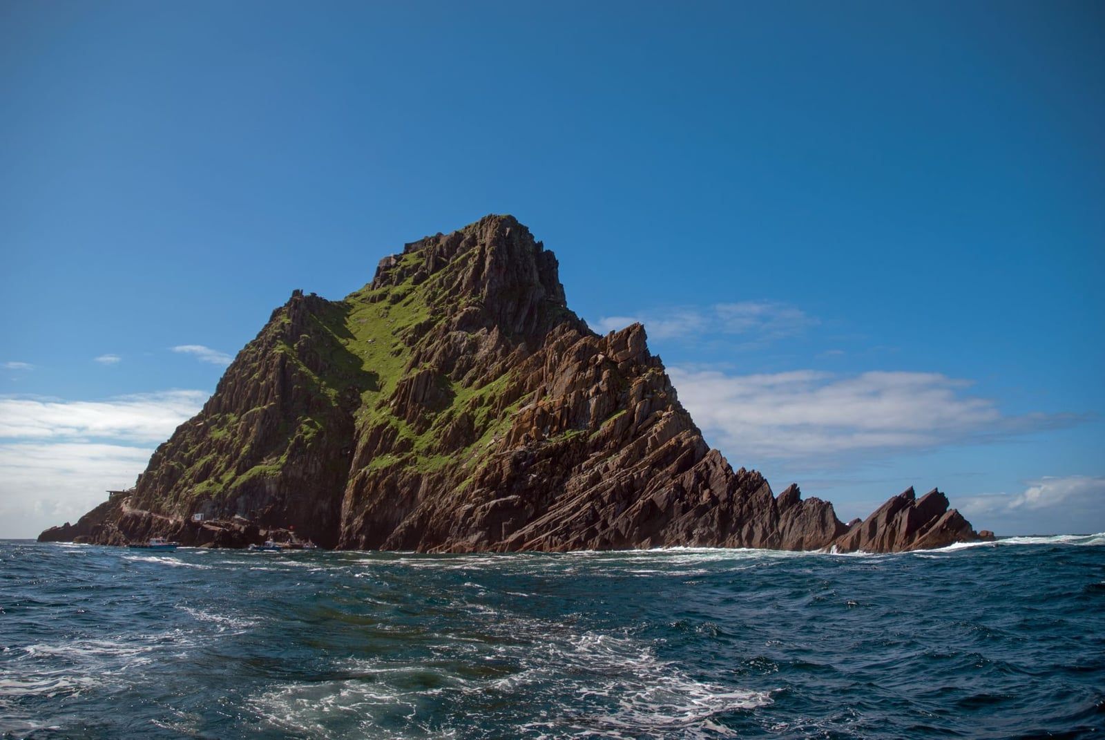 The rocky sea crag of Skellig Michael rises from the Atlantic Ocean off the Ring of Kerry.