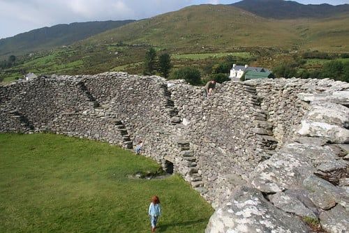 Terraced drystone walls and stone staircases inside Staigue Stone Fort along the Ring of Kerry.
